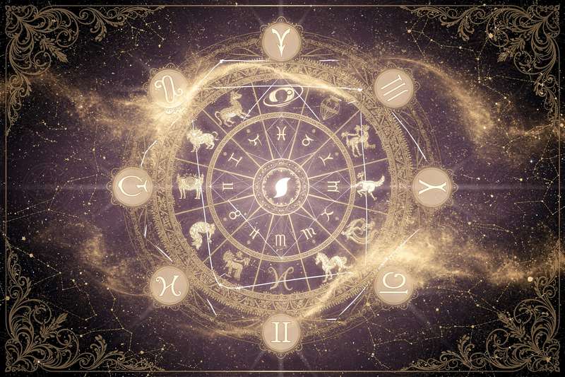 Astrological birth chart showing zodiac symbols arranged in a circle for romantic forecasts.