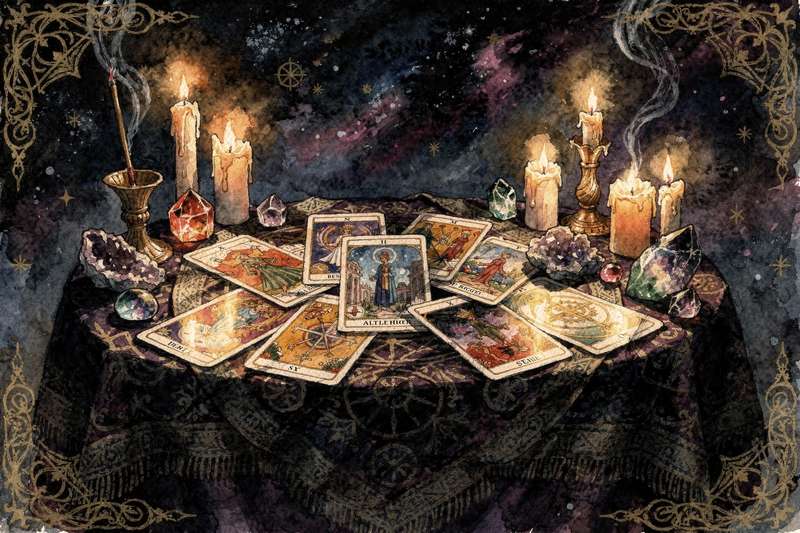 Spread of tarot cards arranged in a mystical pattern on a cloth surface.