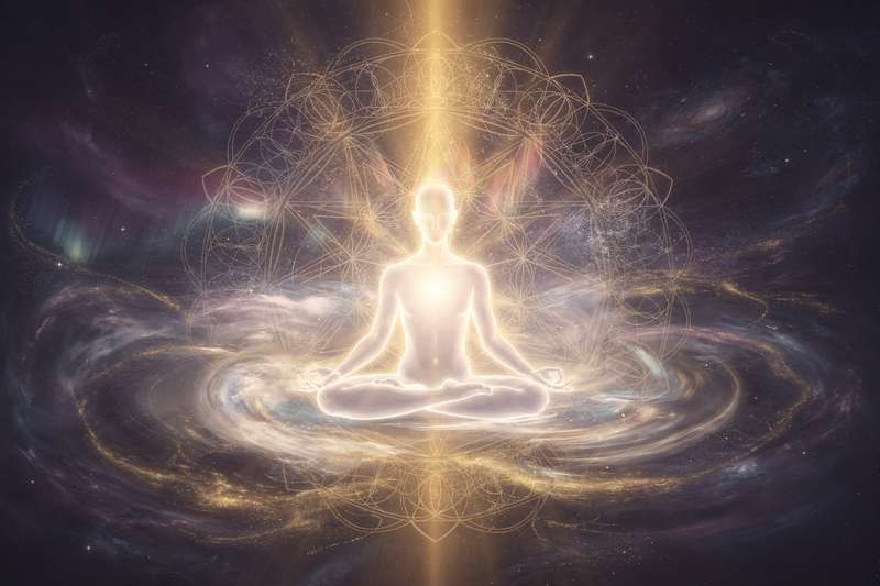 Visualization of abundance flowing toward a person in meditation, symbolizing wealth consciousness and spiritual prosperity.