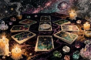 Tarot cards arranged in a spread pattern for examining relationship dynamics and connection.