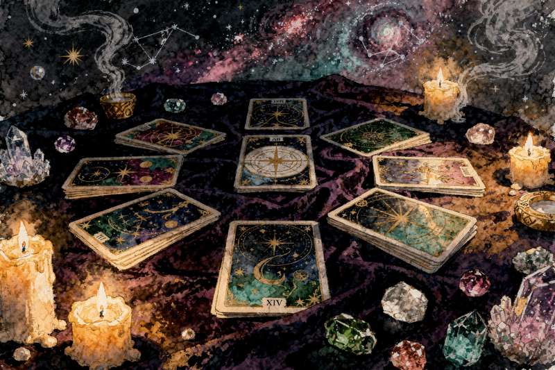 Tarot cards arranged in a spread pattern for examining relationship dynamics and connection.