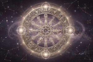 Astrological forecast chart showing planetary positions and transit aspects for May with calm and turbulent energy indicators.