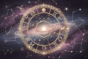 Astrological wheel with planetary positions and financial market symbols aligned for June 2026.