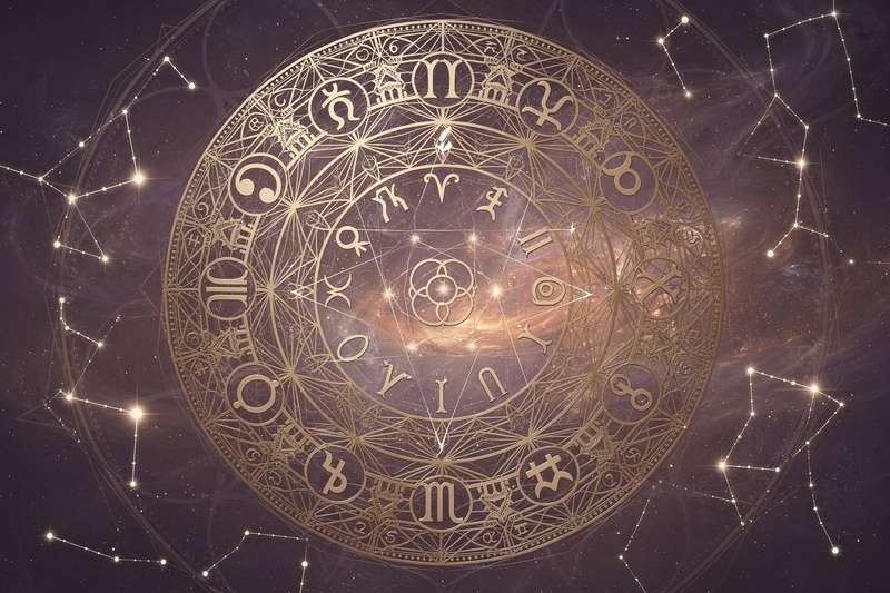 Zodiac signs arranged in a circle with personalized affirmation words for each sign's new year intentions.