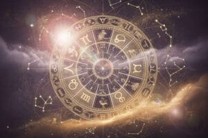 Sagittarius zodiac sign glowing under a bright blue moon with romantic celestial imagery.