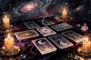 Tarot cards arranged in a gratitude spread layout on a wooden surface for Thanksgiving reflection.