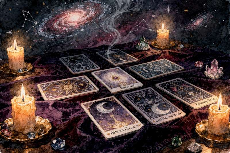 Tarot cards arranged in a gratitude spread layout on a wooden surface for Thanksgiving reflection.