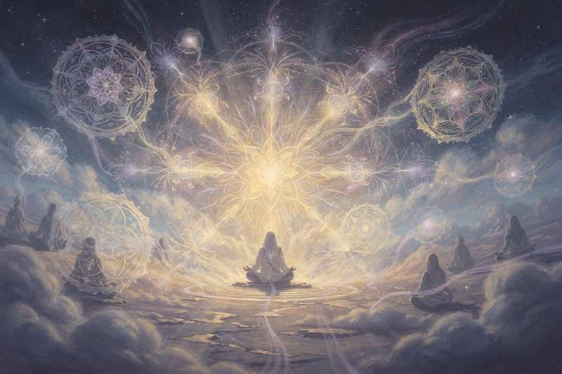 Ancient artists arranging symbolic patterns and mathematical forms to represent spiritual truths and cosmic order.