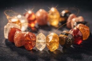 Healing crystals and stones arranged for Leo zodiac sign energy and lion symbolism.