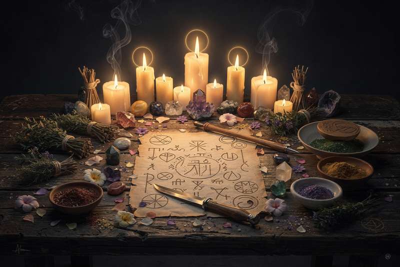 Candles and crystals arranged in a circle for a brightening energy ritual.