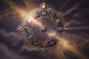 Planetary symbol of Uranus overlaid with Libra zodiac sign and balanced scales representing harmony and innovation.