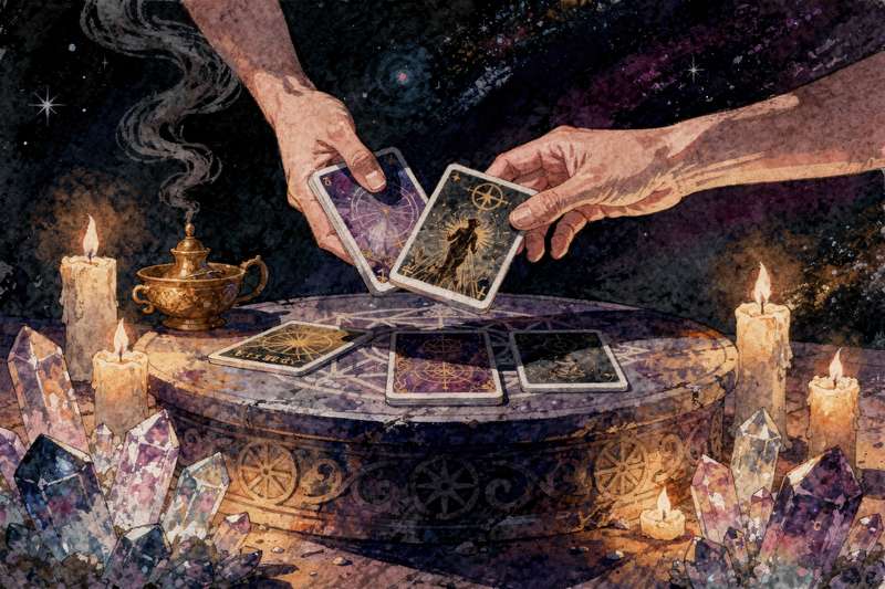 Tarot reader conducting an engaging card reading session with attentive client across a table.