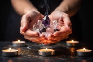 Arrangement of colorful crystals representing planetary energies and celestial alignment for spiritual healing.