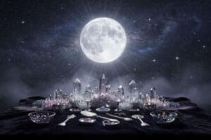 Full moon illuminating night sky with berry plants and natural landscape below.