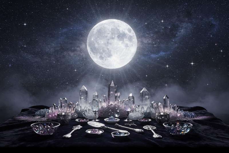 Full moon illuminating night sky with berry plants and natural landscape below.
