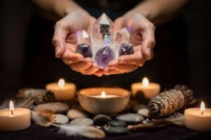 Assorted gemstones and crystals arranged for travel protection and wellness during holiday journeys.
