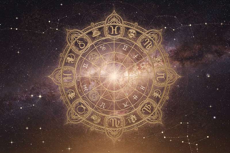 Romantic zodiac symbols arranged in a circle with September calendar dates and celestial elements.