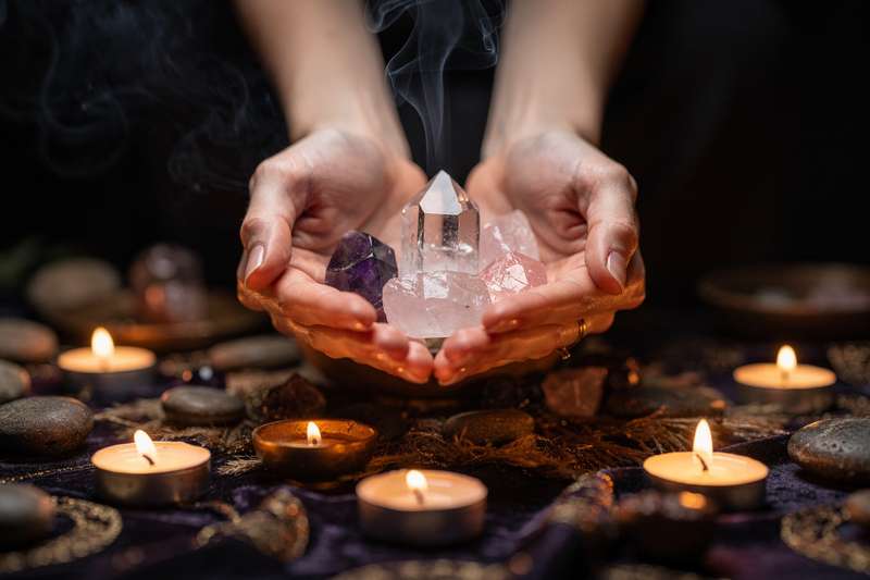 Assorted crystals and gemstones arranged to display their natural colors and formations for healing practices.