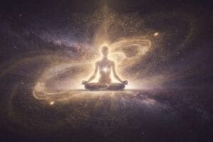 Vibrant spectrum of aura colors surrounding a human silhouette representing spiritual energy and emotional states.