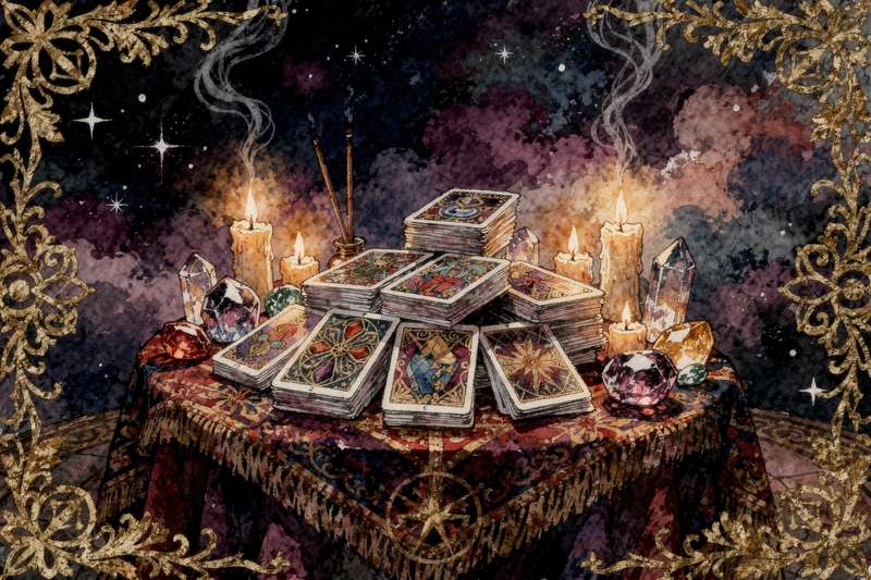 Vintage tarot cards featuring collage artwork from antique book illustrations and ephemera arranged in a spread.