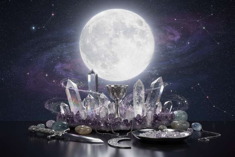 Moonstone and crystal specimens arranged in a spiritual display for lunar energy work and ritual practice.