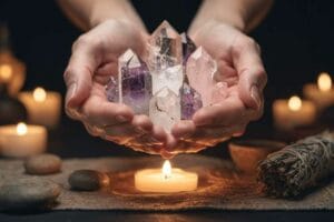 Natural crystals and stones arranged to display their various colors and formations for spiritual healing purposes.