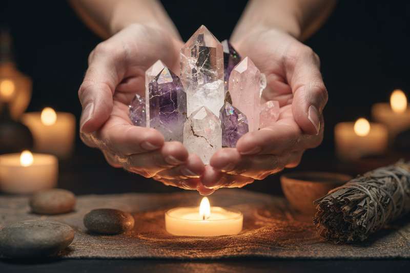 Natural crystals and stones arranged to display their various colors and formations for spiritual healing purposes.