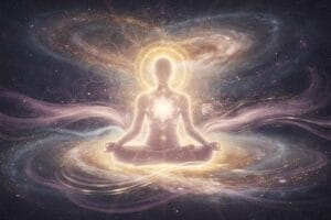 Woman sitting peacefully in nature with eyes closed, representing honest self-reflection and spiritual alignment.