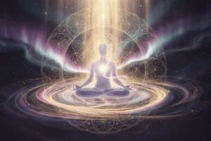Spiritual practitioner meditating with abundance mindset while holding coins and currency notes.