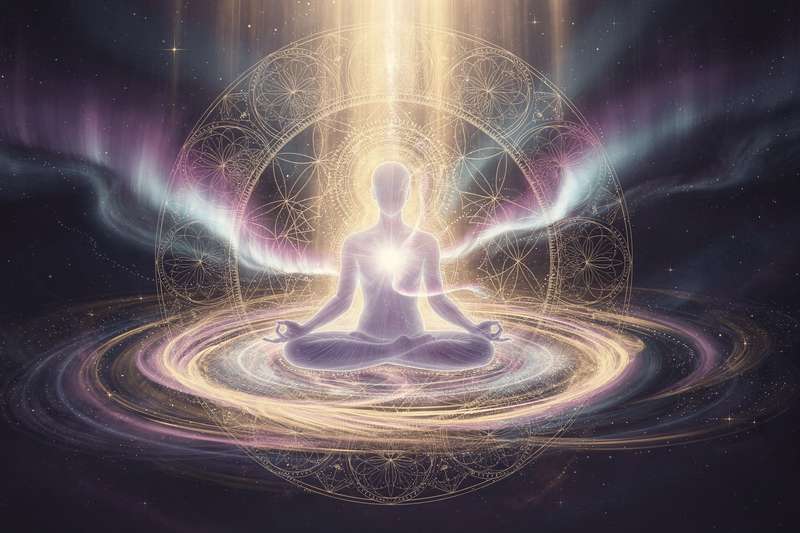 Spiritual practitioner meditating with abundance mindset while holding coins and currency notes.