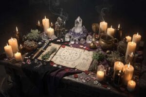 Arranged crystals and ritual candles on altar cloth for love and clarity intentions.