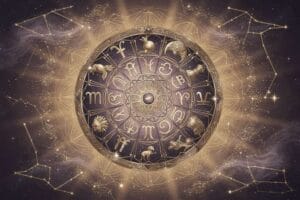 Zodiac symbols arranged in a circle with romantic imagery representing November astrology predictions.