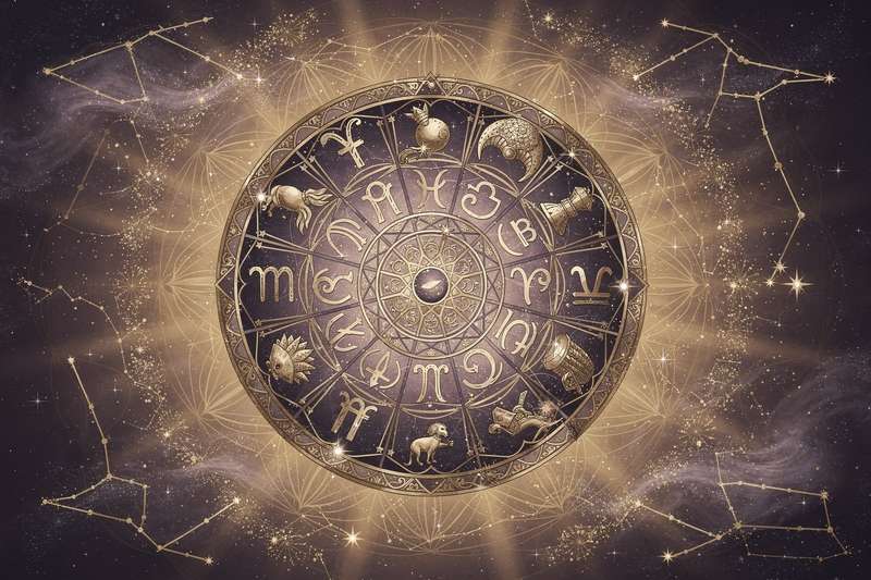Zodiac symbols arranged in a circle with romantic imagery representing November astrology predictions.