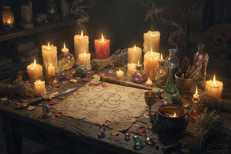 Candles and crystals arranged on an altar for welcoming positive energy into the new year.