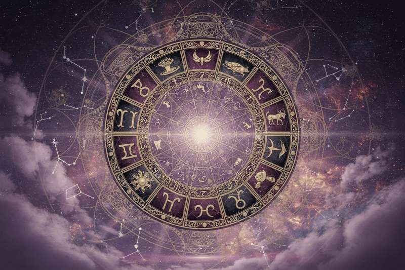 Zodiac wheel with heart symbols representing weekend romantic forecasts and grateful mindset themes.
